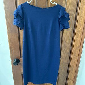 Navy Blue, ruffle sleeve maternity dress, with zipper back.